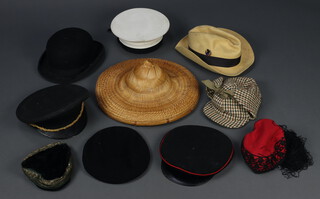 A Naval Ratings cap, a military cap and a collection of hats 