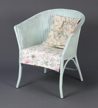 A blue painted Lloyd Loom chair 69cm h x 62cm w x 41cm d (seat 29cm x 30cm) 
