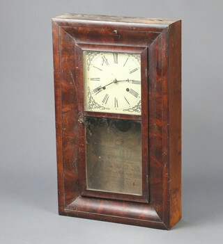 A 19th Century American 30 hour striking wall clock with painted dial contained in a mahogany case, complete with pendulum and weights 66cm x 38.5cm x 11cm