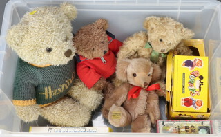 A Dinky 945 motor coach boxed, 2 Pelham puppets, a coffin bank money box, 3 Harrods teddybears and a Merrythought teddybear 