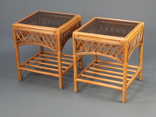 A pair of bamboo and plate glass lamp tables 54cm h x 45cm w x 45cm d 