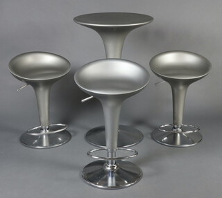 A 20th Century chrome and moulded plastic Bombo pedestal table 89cm h x 53cm together with 3 adjustable stools 61cm h x 40cm w x 38cm d