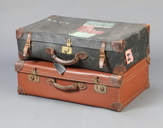 A brown fibre suitcase 19cm x 66cm x 42cm together with a black fibre suitcase with 3 luggage labels 18cm x 66cm x 39cm  