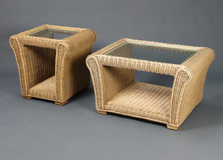 A rectangular cane conservatory coffee table with plate glass top 46cm h x 79cm w x 57cm d together with a pedestal ditto 52cm h x 56cm w 47cm d 