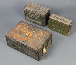 S Morden and Company London, a metal deed box complete with key and brass drop handles 17cm h x 40cm w x 28cm d, together with 2 American metal ammunition boxes 19cm x 31cm x 15cm and 18cm x 26cm x 9cm 