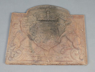 A reproduction cast iron fire back decorated Royal Coat of Arms 52cm x 61cm x 4cm 