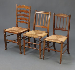 An elm ladder back chair with woven rush seat raised on turned supports 93cm h x 45cm w x 37cm d, a 19th Century beech stick and rail back chair with woven rush seat on turned supports 84cm h x 41cm w x 37cm d and an inlaid mahogany bedroom chair with woven rush seat 85cm h x 39cm w x 38cm d 