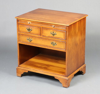 A Georgian style crossbanded yew cabinet with brushing slide, the base fitted 2 short and 1 long drawer with recess, raised on bracket feet 63cm h x 59cm w x 43cm d 