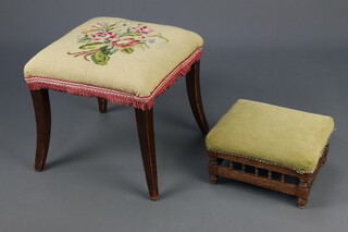A Victorian rectangular footstool with green upholstered seat and bobbin turned decoration 16cm x 31cm x 26cm, together with a 19th Century mahogany stool with Berlin woolwork seat, raised on outswept supports 36cm h x 39cm w x 38cm d 