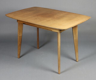A mid-Century teak extending dining table with extra leaf, raised on outswept supports 77cm h x 121cm l x 81cm w (sun bleached and ring marks to top) 