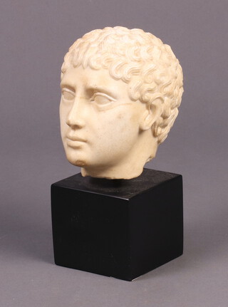 After the Antique, a resin portrait bust of a Roman, raised on a square ebonised base 21cm x 10cm x 10cm 