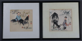 20th Century Japanese watercolours a pair, girl with cockerel, boy with bison, signed 15cm x 15cm 