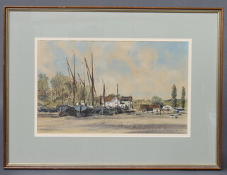 Michael Norman, an overpainted print, Pin Mill harbour scene 28cm x 44cm 