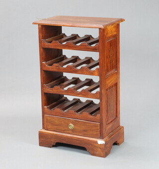 A hardwood inlaid brass 16 bottle wine rack, the base with drawer, raised on bracket feet 85cm h x 51cm w x 32cm d (brass inlay rising in places) 
