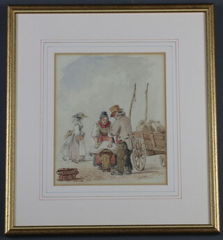 A J Strutt, watercolour signed, street sellers, figures by a cart 20cm x 17cm 