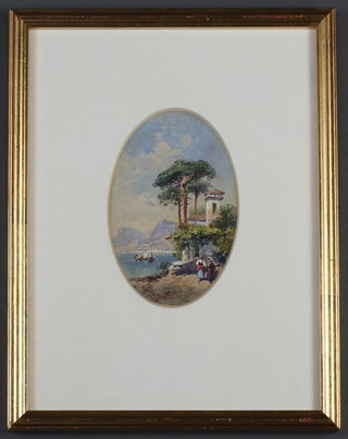 Charles Rowbotham, watercolour oval, Continental lakeside scene with figures 11cm x 8cm 
