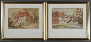 19th Century watercolours, a pair, figures before buildings 11cm x 17cm 