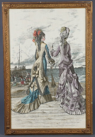 Coloured print on fabric, Edwardian ladies on a harbour arm 70cm x 44cm 
