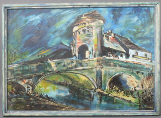 20th Century oil on board unsigned, Continental townscape with river 83cm x 120cm 