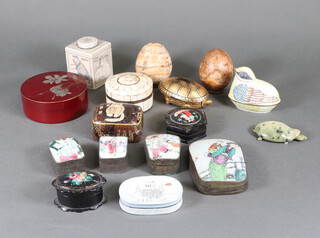 A Russian paper mache hexagonal trinket box decorated with figures and other minor trinket boxes 