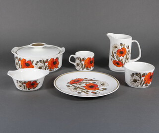 A set of J & G Meakin Studio coffee and dinnerware decorated with poppies comprising 6 coffee cups (1 chipped), 6 saucers, a coffee pot, sugar bowl, milk jug and cream jug, 6 dessert bowls (1 chipped), 9 saucers, 2 sauce boats, a salt and pepper, 9 dinner plates, 8 medium plates, 2 tureens and lids, a bowl, 2 serving plates  
