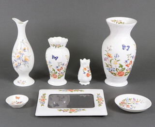 An Aynsley Cottage Garden vase decorated with butterflies and flowers 22cm, 2 others, 2 dishes, a photo frame and a Just Orchids vase boxed 