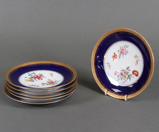 Six Austrian plates with blue and gilt rims and floral decoration 17cm 