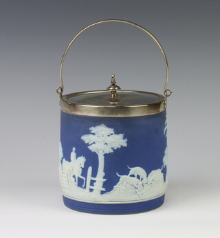 A Wedgwood blue jasperware biscuit barrel with plated mounts and hunting scene 14cm (base is cracked) 