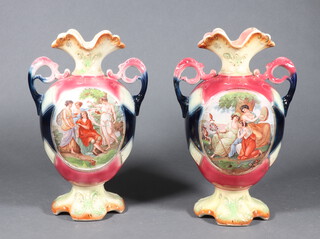 A pair of transfer print 2 handled vases decorated with muses 