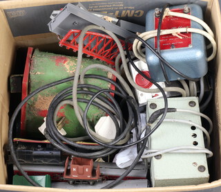 A Triang P,5 power controller, 2 other power controllers, a small collection of rails and rolling stock 