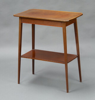 A rectangular inlaid mahogany 2 tier occasional table on outswept supports 69cm h x 59cm w x 34cm d (top warped and sun bleached) 
