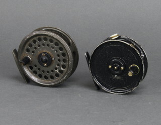 An Allcocks Gilmour centre pin fishing reel 3", together with an Intrepid ditto, a Storm 460 fishing reel together with spare spool, a Mitchell 624 fishing reel and a KP Morritts 3 1/2" centre pin fly fishing reel in a red box 