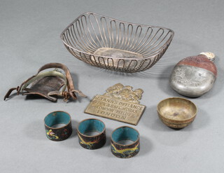 A pewter mounted hip flask, 3 cloisonne napkin rings and minor metal/plated ware 