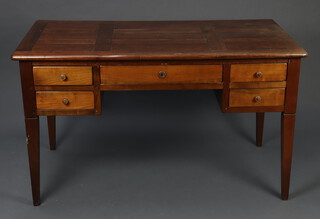 A hardwood writing desk fitted 1 long and 4 short drawers, raised on square tapered supports 78cm h x 136cm w x 74 cm d (sun bleached, contact marks)  
