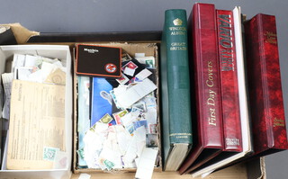A green Stanley Gibbons Windsor album of used and mint GB stamps, 3 empty albums and a collection of loose world stamps 
