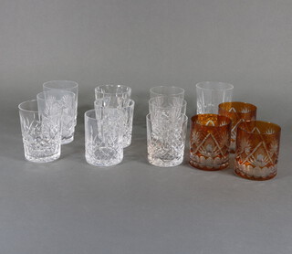 Three orange flash glass tumblers and 10 others various 
