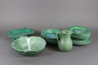 Six leaf pattern green glazed bowls, 13 mixed plates, 2 stands, a bowl and jug 
