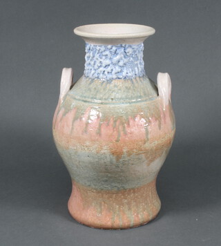 A slip glaze Studio Pottery 2 handled baluster vase 35cm