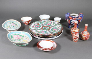 An Imari sensor decorated with flowers (no lid), 3 Satsuma vases and minor Oriental china 