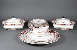A Coronaware part dinner service comprising 4 small plates, 5 dinner plates, 2 serving plates, 2 tureens and covers, sauce boat and 3 serving dishes