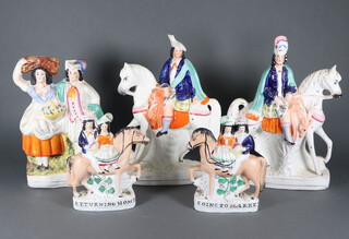 A pair of Victorian Staffordshire figures on horseback 30cm, 3 other Staffordshire groups
