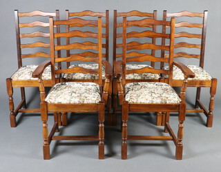 A set of 6 beech framed ladder back dining chairs with upholstered drop in seats raised on turned and block supports with H framed stretchers - 2 carvers 101cm h x 57cm w x 47cm d, 4 standard chairs 99cm h x 46cm w x 46cm d 
