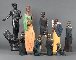 Two Soul Journey limited edition figures of Massai 38cm and 28cm, 6 other Soul Journey figures (1 with head a/f), a 19th Century spelter figure of a standing famer 40cm h 
