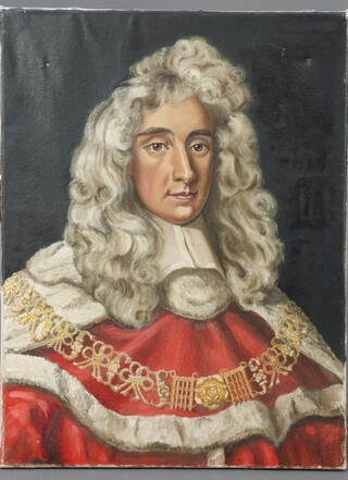 20th Century oil on canvas, portrait of a wigged gentleman, unframed, 61cm x 46cm 