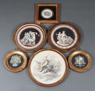 19th Century prints, classical figures, circular, 15cm, a single ditto of a cherub  17cm, 3 others 