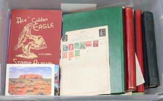 Three empty stamp albums, ditto stock book, various loose sheets etc, in a plastic box 