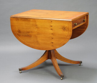 A Georgian style yew pedestal drop flap dining table, fitted a frieze drawer, raised on a pillar and tripod base 74cm h x 84cm w x 60cm d (some contact marks, ring mark to the top)