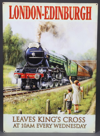 A reproduction enamel finished advertising sign "The Flying Scotsman, London to Edinburgh" 70cm x 80cm
