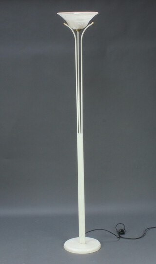 A white painted metal and glass Art Deco style up lighter on a circular base 183cm h x 29cm diam. 