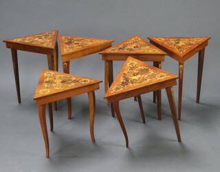 Six various triangular shaped inlaid Sorrento musical tables, largest being 50cm h x 45cm w x 44cm d (1 with replacement leg) 